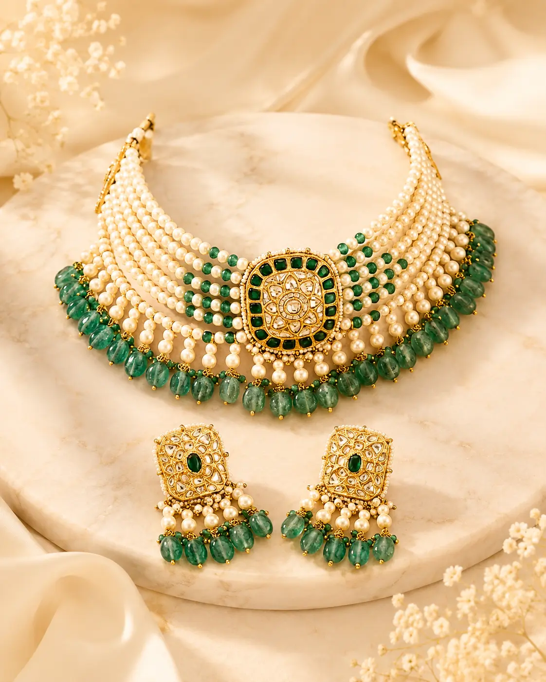 Royal Pearl Emerald Necklace Set